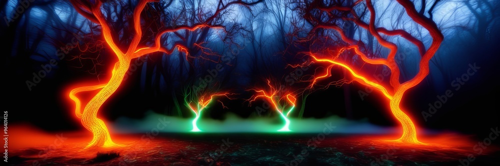 Fototapeta premium A haunting landscape with glowing trees in a dark misty forest. The trees emit an eerie orange and green light. Halloween copy space template website banner