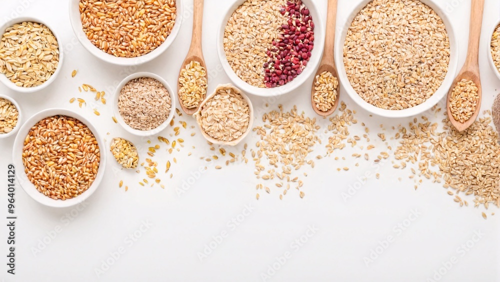 Organic grains and cereals including oats, quinoa, and barley on white background with ample copy space. Healthy grains concept. Organic grains and cereals including oats, quinoa, and barley on white background with ample copy space. Healthy grains concept.
