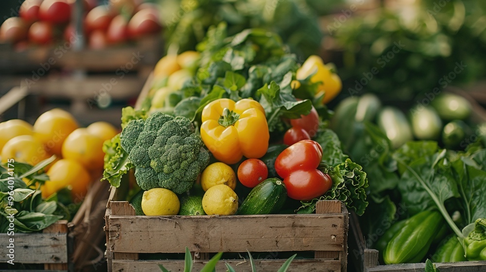 A crate of vegetables including broccoli, tomatoes, and peppers A crate of vegetables including broccoli, tomatoes, and peppers