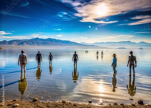 Lake Salton Sea in January, with a group of curious, extraterrestrial visitors exploring the lake's shoreline photo