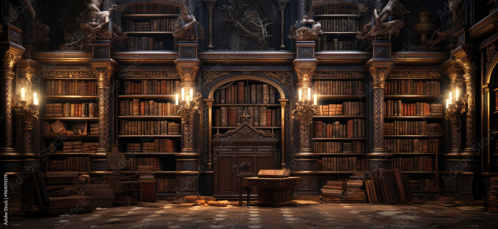 Enigmatic Old Library with Mysterious Ambiance Enigmatic Old Library with Mysterious Ambiance