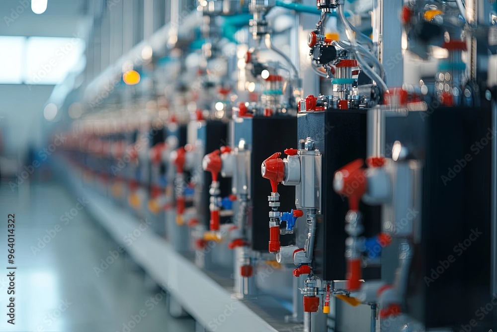 Industrial machinery processing equipment in a modern factory setting during the day with multiple valves and pipes connected Industrial machinery processing equipment in a modern factory setting during the day with multiple valves and pipes connected