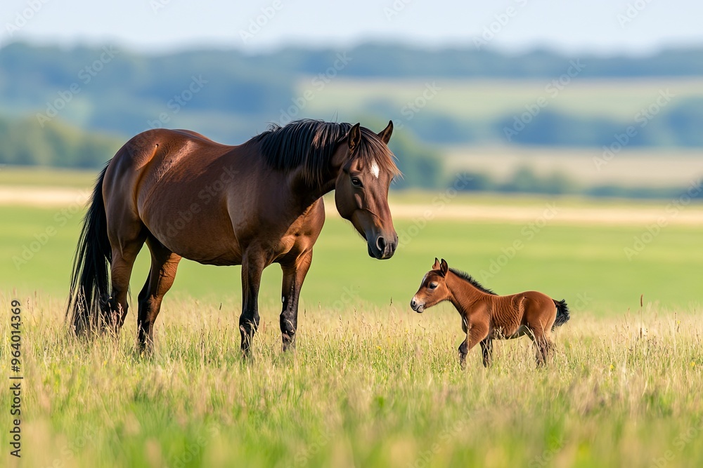 A mare stands protectively beside her foal in a lush green pasture during a sunny afternoon A mare stands protectively beside her foal in a lush green pasture during a sunny afternoon