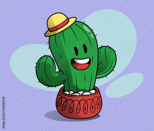 A smiling cactus wearing a yellow hat, nestled in a red pot with white patterns against a purple background