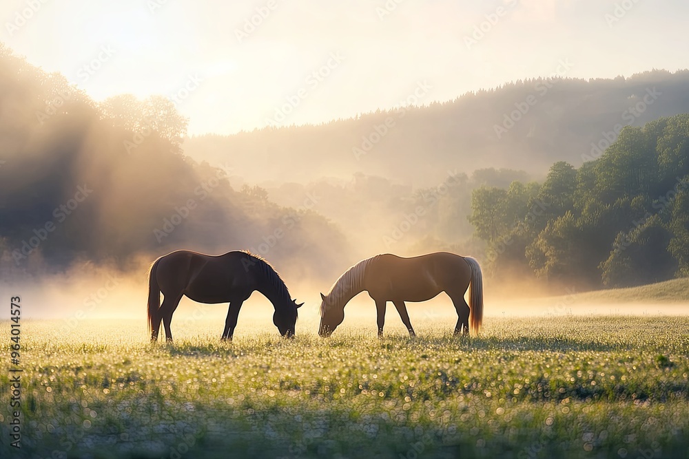 Two horses grazing in a misty meadow during sunrise near a forested hillside in the early morning light