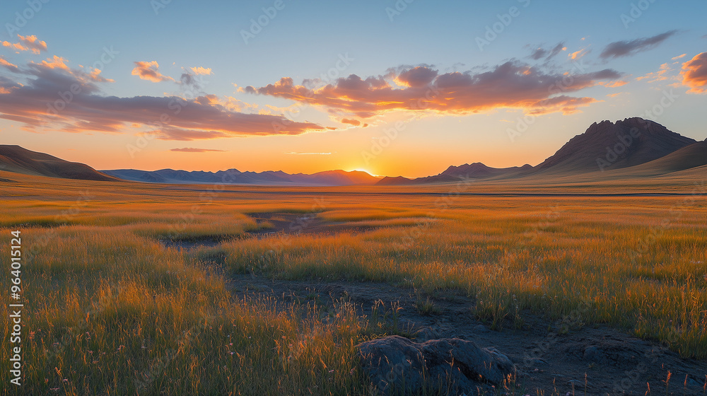 Fototapeta premium a scene of the Gobi desert just before nightfall in the Autumn. the sky not yet completely dark, it outlines a sense of desolation, roughness, and vastness.