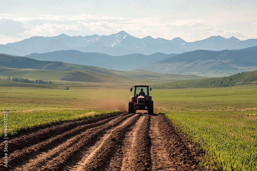Tractor cultivating fields with mountains in the background during the late afternoon light in a picturesque rural landscape Tractor cultivating fields with mountains in the background during the late afternoon light in a picturesque rural landscape