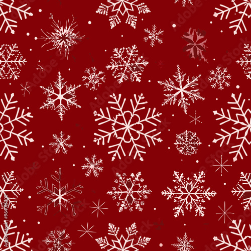 Seamless winter pattern with white snowflakes on a festive red background

