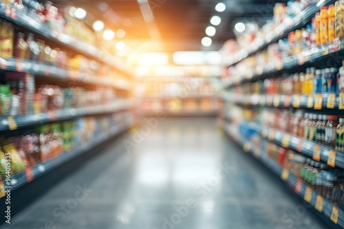 supermarket store aisle interior abstract blurred background, ai