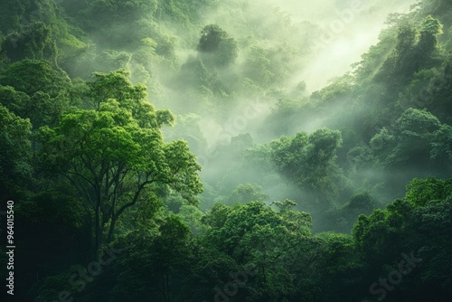 The scene captures the dense, lush green trees shrouded in a mystical layer of fog, creating a serene and tranquil atmosphere. The forest is rich with various shades of green, ai