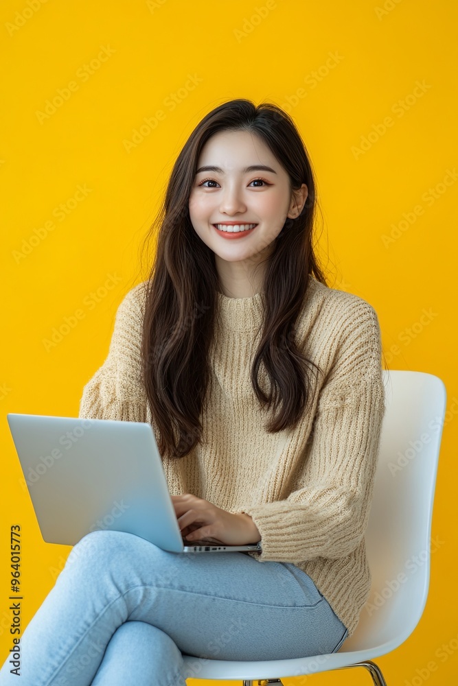 Naklejka premium Young Asian woman smiling happy. While she is using a laptop, sitting on a white chair and looking isolated on a yellow copy space background. 