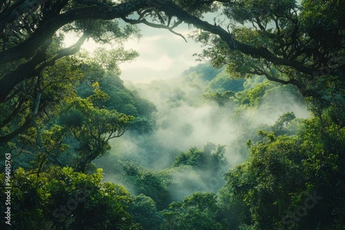 The scene captures the dense, lush green trees shrouded in a mystical layer of fog, creating a serene and tranquil atmosphere. The forest is rich with various shades of green, ai