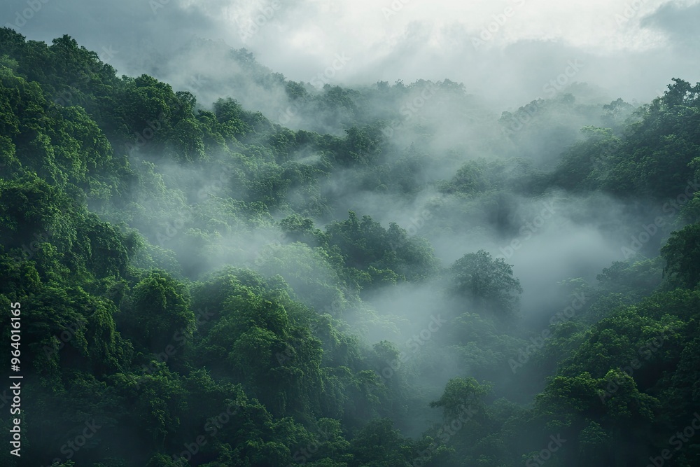 The scene captures the dense, lush green trees shrouded in a mystical layer of fog, creating a serene and tranquil atmosphere. The forest is rich with various shades of green, ai The scene captures the dense, lush green trees shrouded in a mystical layer of fog, creating a serene and tranquil atmosphere. The forest is rich with various shades of green, ai