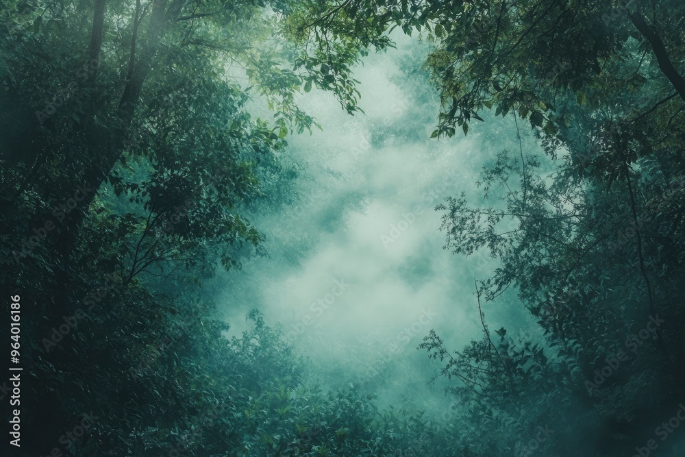 The scene captures the dense, lush green trees shrouded in a mystical layer of fog, creating a serene and tranquil atmosphere. The forest is rich with various shades of green, ai