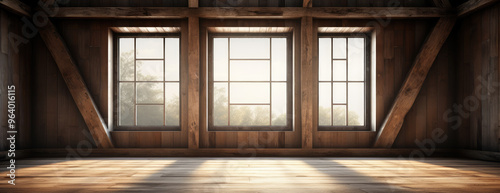 Sunlight Filtering Through Three Rustic Barn Windows