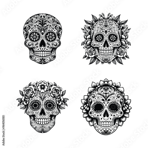 decorative mexican sugar skull black and white vector illustration