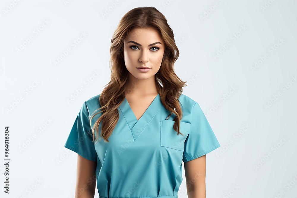 Portrait of beautiful young female doctor in blue scrubs, isolated on white background Portrait of beautiful young female doctor in blue scrubs, isolated on white background