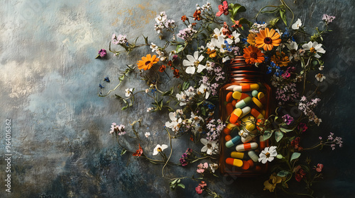 A pill bottle overflowing with flowers and vines, juxtaposing the natural beauty with the dark connotation of narcotics