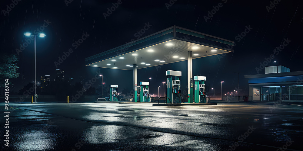 Illuminated Gas Station Oasis on a Rainy Night