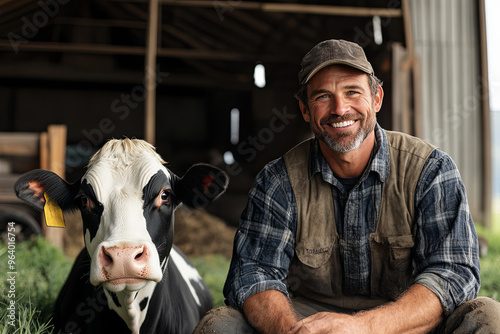 Smiling farmer sits next to a black and white cow inside a rustic barn during a sunny day on the family farm photo