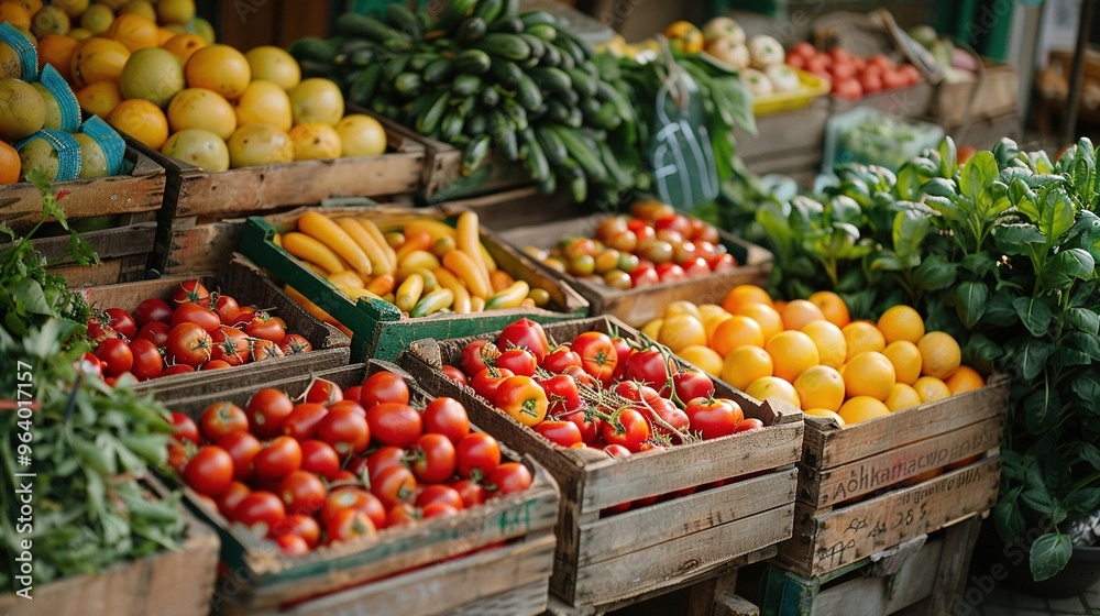 A variety of fruits and vegetables are displayed in wooden crates at a market A variety of fruits and vegetables are displayed in wooden crates at a market