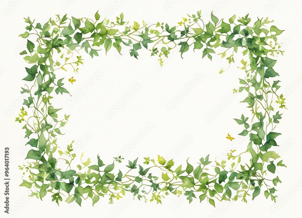 A light watercolor illustration of a rectangular frame made of delicate green ivy leaves and vines A light watercolor illustration of a rectangular frame made of delicate green ivy leaves and vines