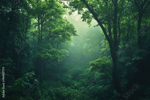 The scene captures the dense, lush green trees shrouded in a mystical layer of fog, creating a serene and tranquil atmosphere. The forest is rich with various shades of green, ai