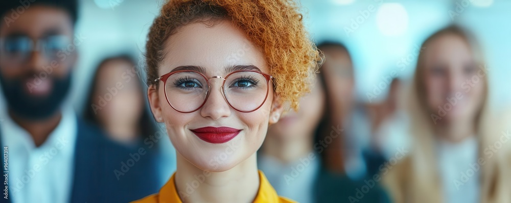 A confident woman with bright curly hair and glasses, smiling amidst a diverse group in a professional setting. A confident woman with bright curly hair and glasses, smiling amidst a diverse group in a professional setting.