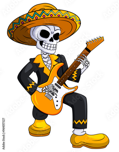 Skeleton Playing Guitar - Cartoon Pop Art Style Vector Illustration