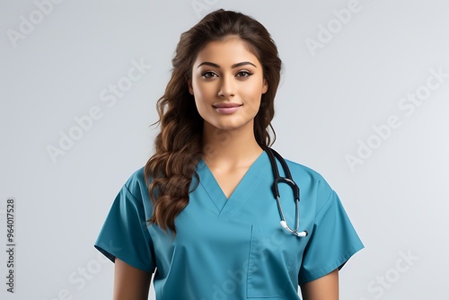 Portrait of a young female doctor in blue scrubs on white background