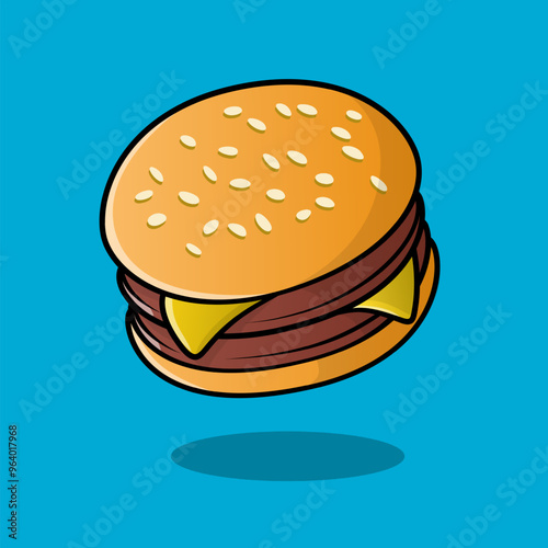 A colorful hamburger with sesame seeds on the bun, cheese, and a meat patty, casting a small shadow on a plain background