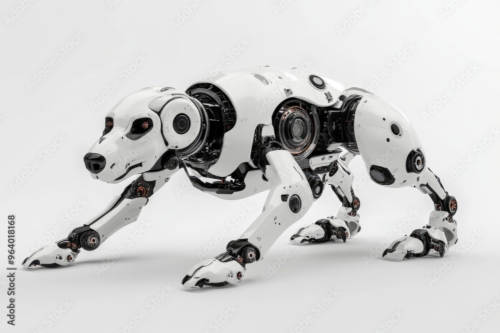 The robot dog adopts a crouched position, highlighting its intricate mechanical structure and sleek white exterior, demonstrating advanced robotics in design The robot dog adopts a crouched position, highlighting its intricate mechanical structure and sleek white exterior, demonstrating advanced robotics in design
