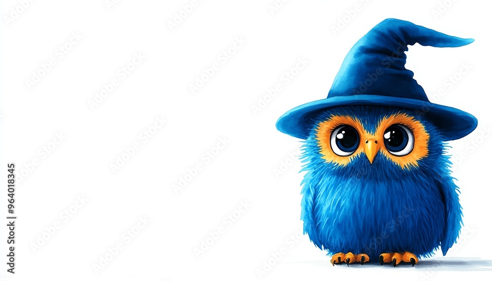 Fototapeta premium Cute owl in witch hat clipart, Halloween element, watercolor illustration, sharp edges, tiny owl with a pointy hat, isolated on white background