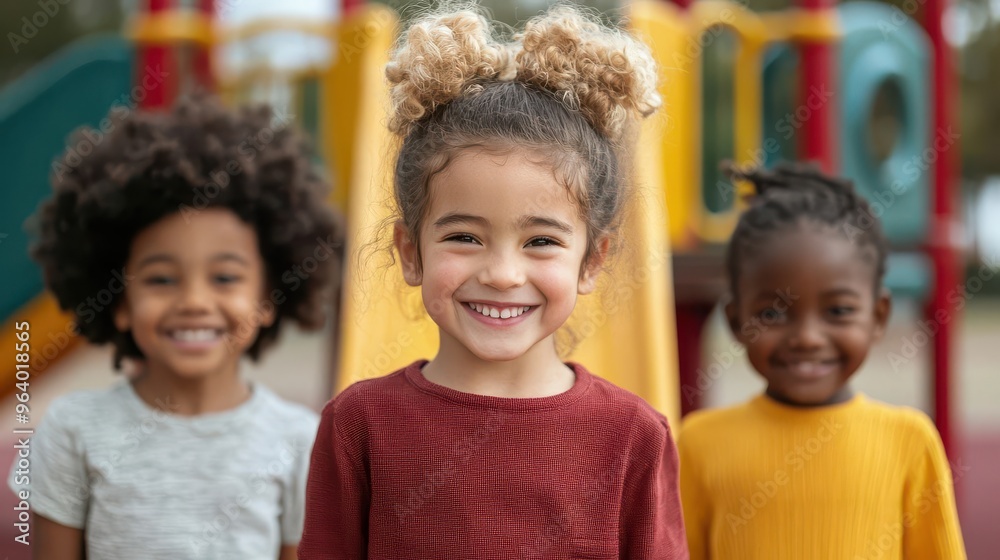 Three joyful children smiling at a playground, showcasing friendship and happiness in a vibrant outdoor setting. Three joyful children smiling at a playground, showcasing friendship and happiness in a vibrant outdoor setting.