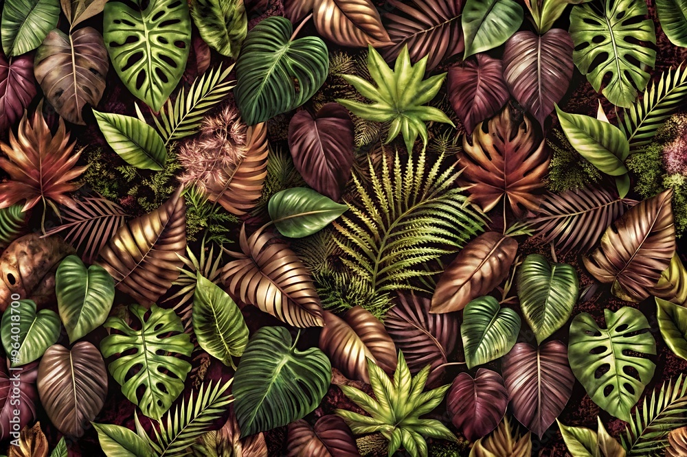Naklejka premium Dark Pattern With Exotic Leaves