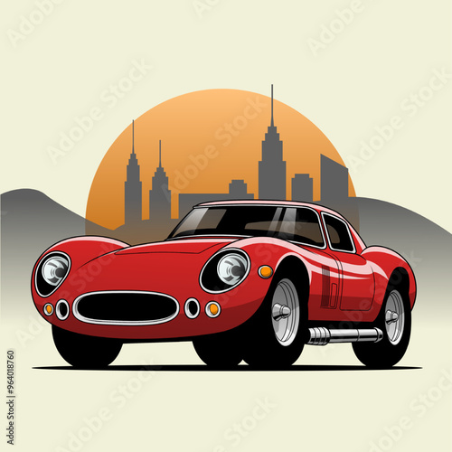 A classic red sports car cruises through a city at sunset, evoking nostalgia and urban adventure