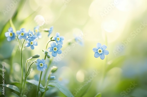 blurred background of green grass and soft sunlight filtering through the trees. The blue flowers
