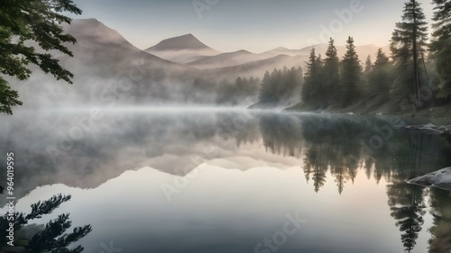 A serene mountain lake at sunrise with mist rising from the water and trees reflected in the surface