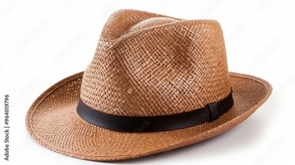 Stylish straw hat with a black band, perfect for summer outings or beach activities Stylish straw hat with a black band, perfect for summer outings or beach activities