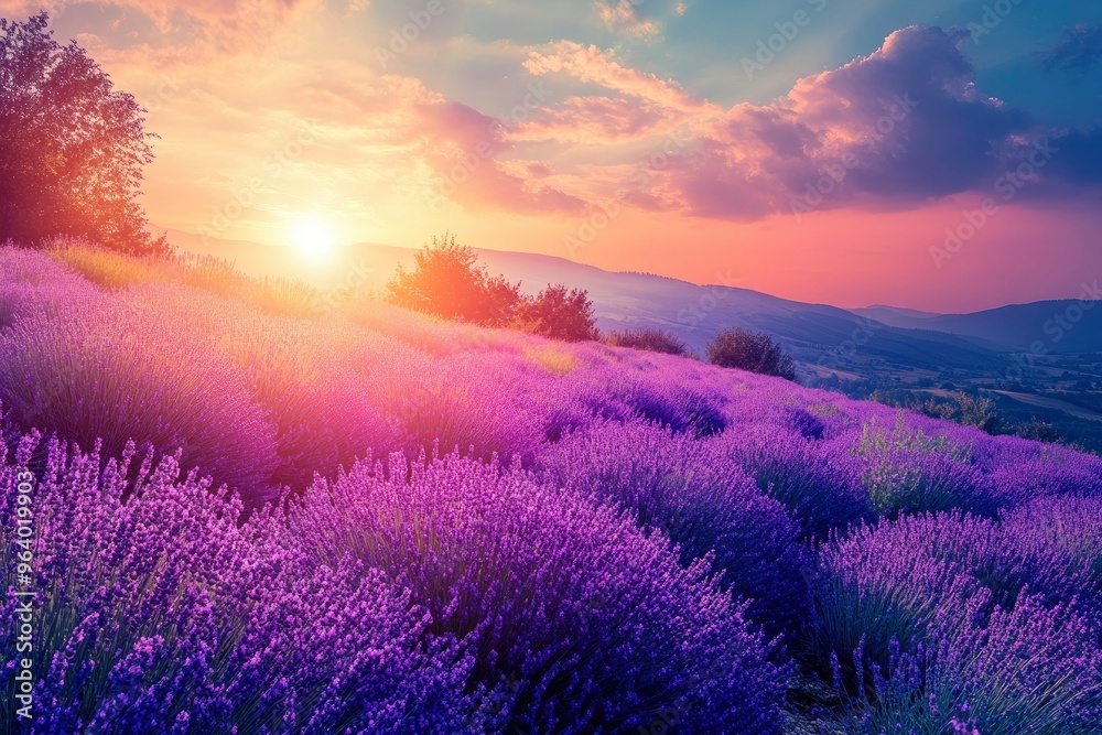 Wonderful nature landscape, amazing sunset scenery with blooming lavender flowers. Moody sky, pastel colors on bright landscape view. Floral panoramic meadow nature in lines with trees and horizon, ai
