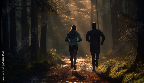 Sunrise Jog: Silhouette of Couple Running in Woods