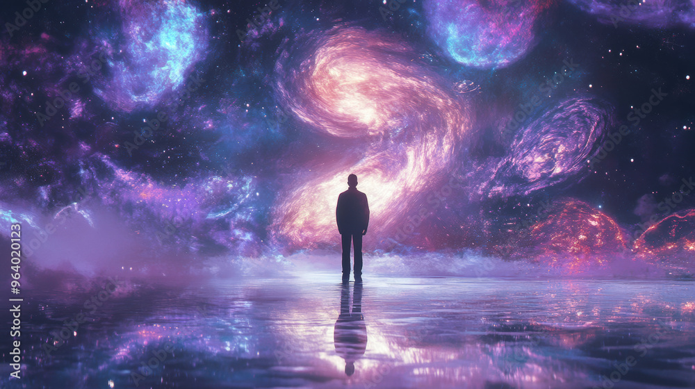 A figure stands in awe, gazing at cosmic scene filled with vibrant galaxies and swirling colors, reflecting sense of wonder and serenity. A figure stands in awe, gazing at cosmic scene filled with vibrant galaxies and swirling colors, reflecting sense of wonder and serenity.
