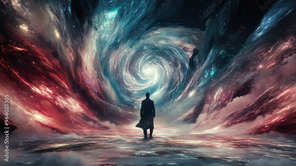 Obraz premium A figure stands in awe before swirling cosmic vortex, surrounded by vibrant colors and ethereal clouds, evoking sense of wonder and exploration.