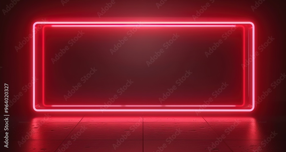 Red neon light frame with reflection on a black background. Empty space for text or design.