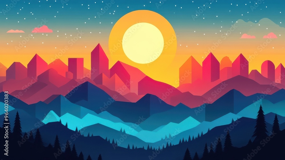 Fototapeta premium Sky depicted in flat design style with bold, geometric shapes and vibrant colors, offering a modern, minimalistic view of the sky.