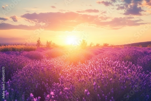 Wonderful nature landscape, amazing sunset scenery with blooming lavender flowers. Moody sky, pastel colors on bright landscape view. Floral panoramic meadow nature in lines with trees and horizon, ai