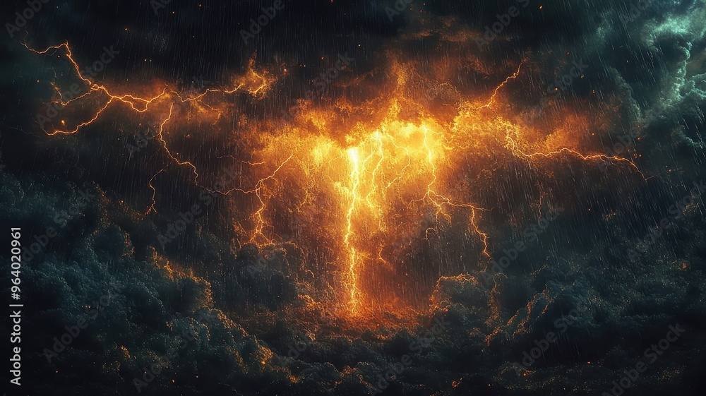 Rain and lightning illustrated with textured patterns, emphasizing the storm's intensity through rich details and varied surface textures. Rain and lightning illustrated with textured patterns, emphasizing the storm's intensity through rich details and varied surface textures.