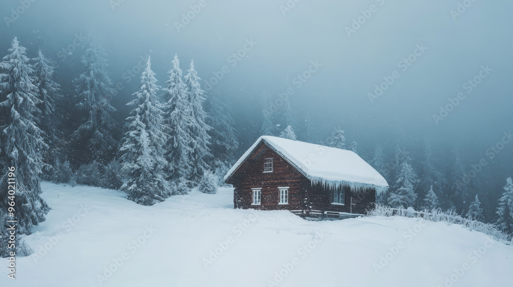 A snowstorm engulfing mountain cabin creates serene yet harsh winter landscape. cabin stands resilient amidst falling snow and towering trees. A snowstorm engulfing mountain cabin creates serene yet harsh winter landscape. cabin stands resilient amidst falling snow and towering trees.