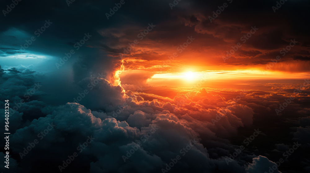 Fototapeta premium Dramatic sunset behind line of thunderstorms, showcasing vibrant colors and dynamic cloud formations. scene evokes sense of awe and wonder.
