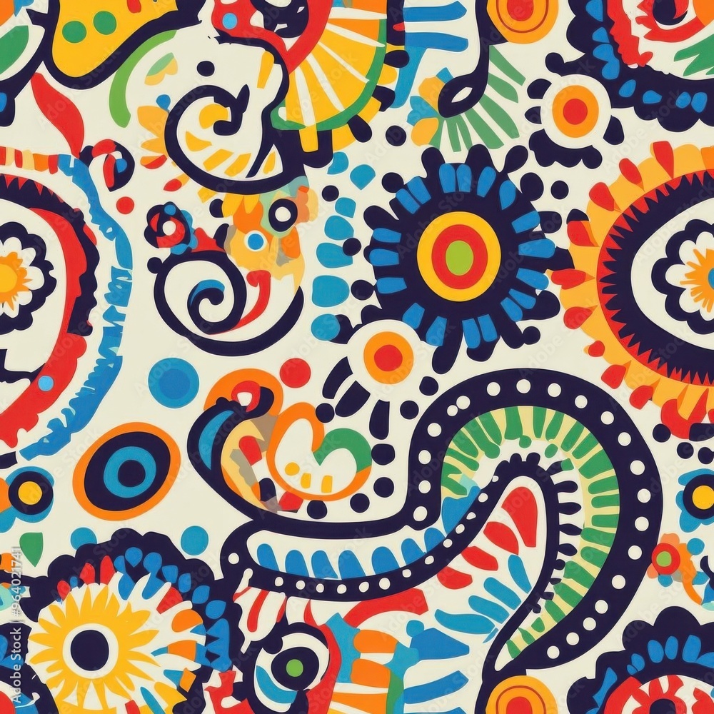 Obraz premium Ethnic tribal patterns intertwined with paisley designs, bold and rich colors, seamless repeat, cultural and traditional, no blur, photo not dark, everything is clear, copy space